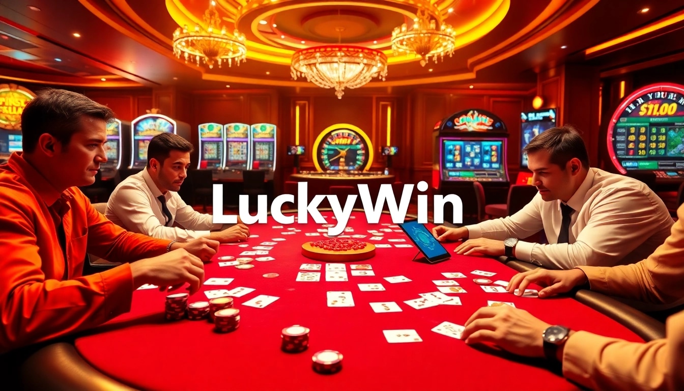 Players enjoying a thrilling game at the luckywin casino table, surrounded by colorful chips and cards.