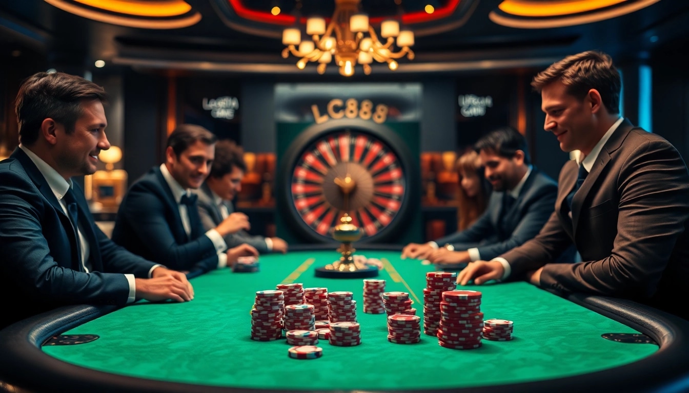 Exciting gambling action at a casino table showcasing lc88 betting chips and players enjoying poker.