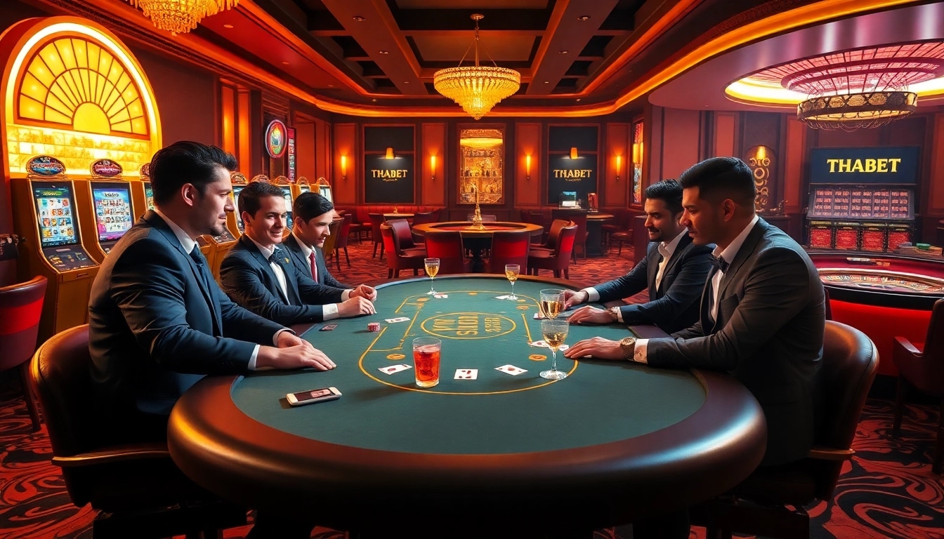 Professional gamblers enjoying a high-stakes poker game at THABET casino, highlighting excitement and elegance.