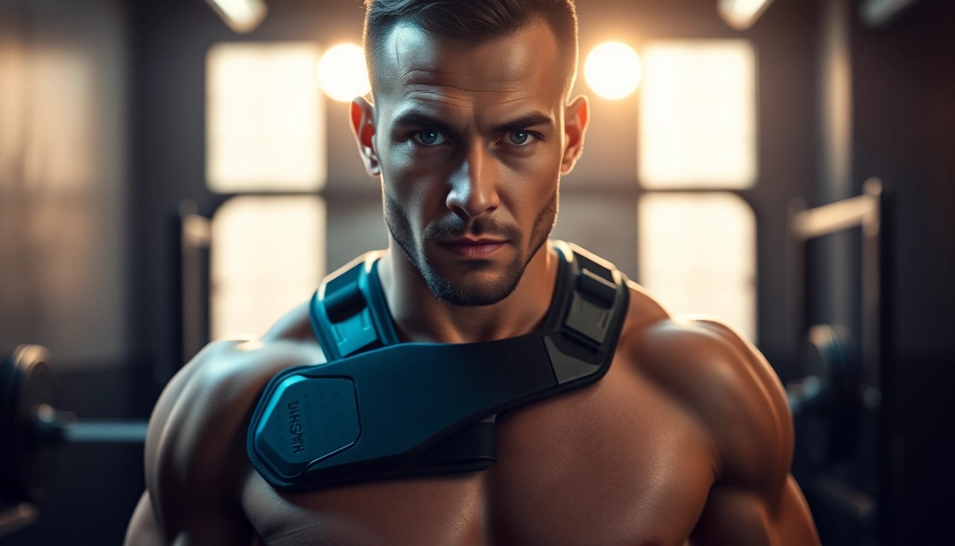 Shoulder brace for weightlifting worn by professional athlete in gym, emphasizing strength and support.
