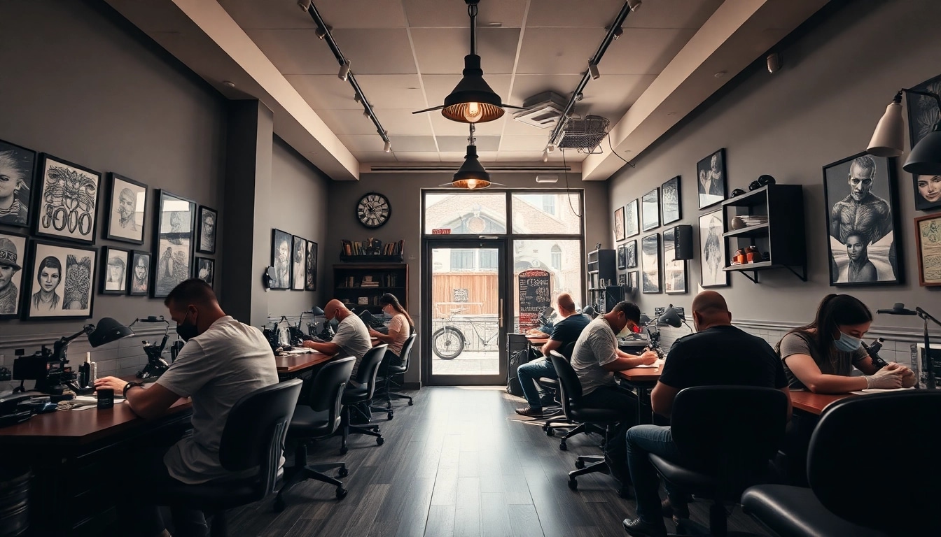 Explore a vibrant tattoo studio atmosphere at https://89bet.tattoo/ with artists and clients engaged in unique creations.