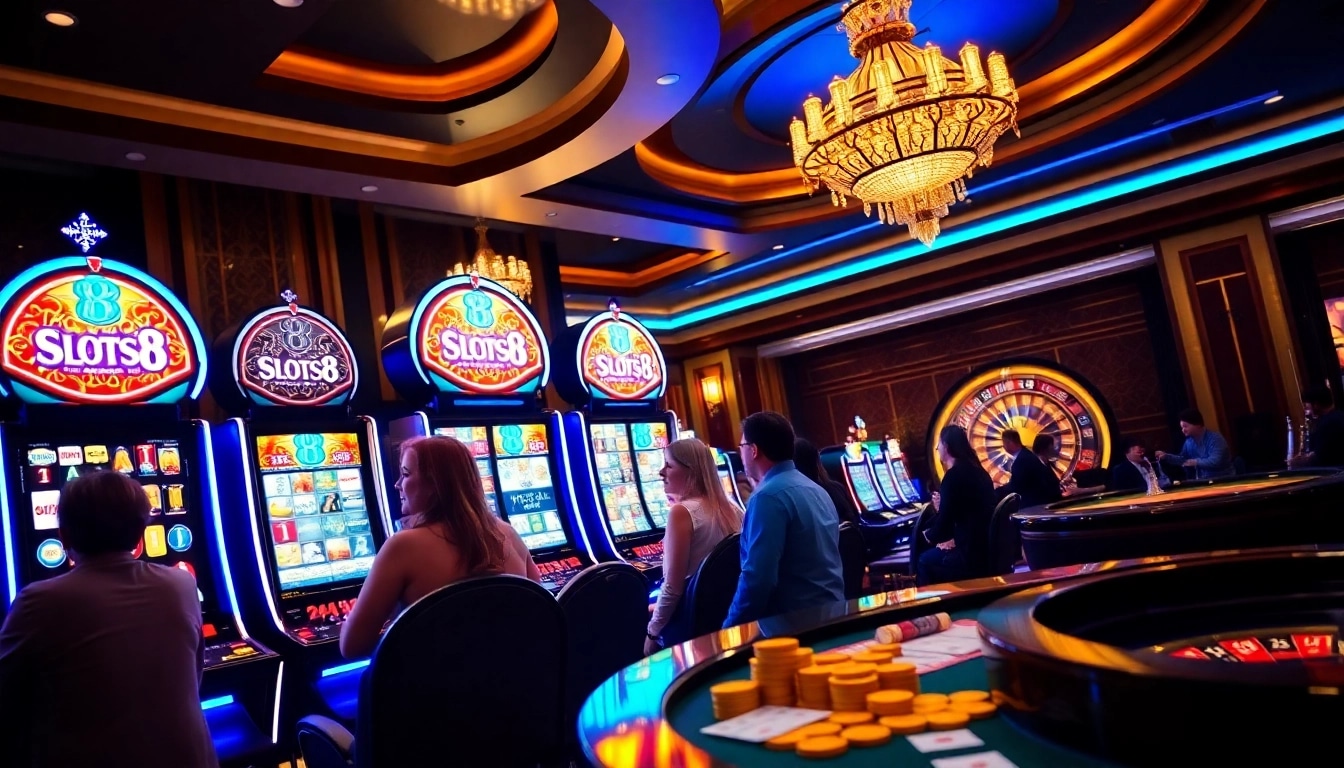 Exciting players engaging with SLOTS8 slot machines in a vibrant casino atmosphere.