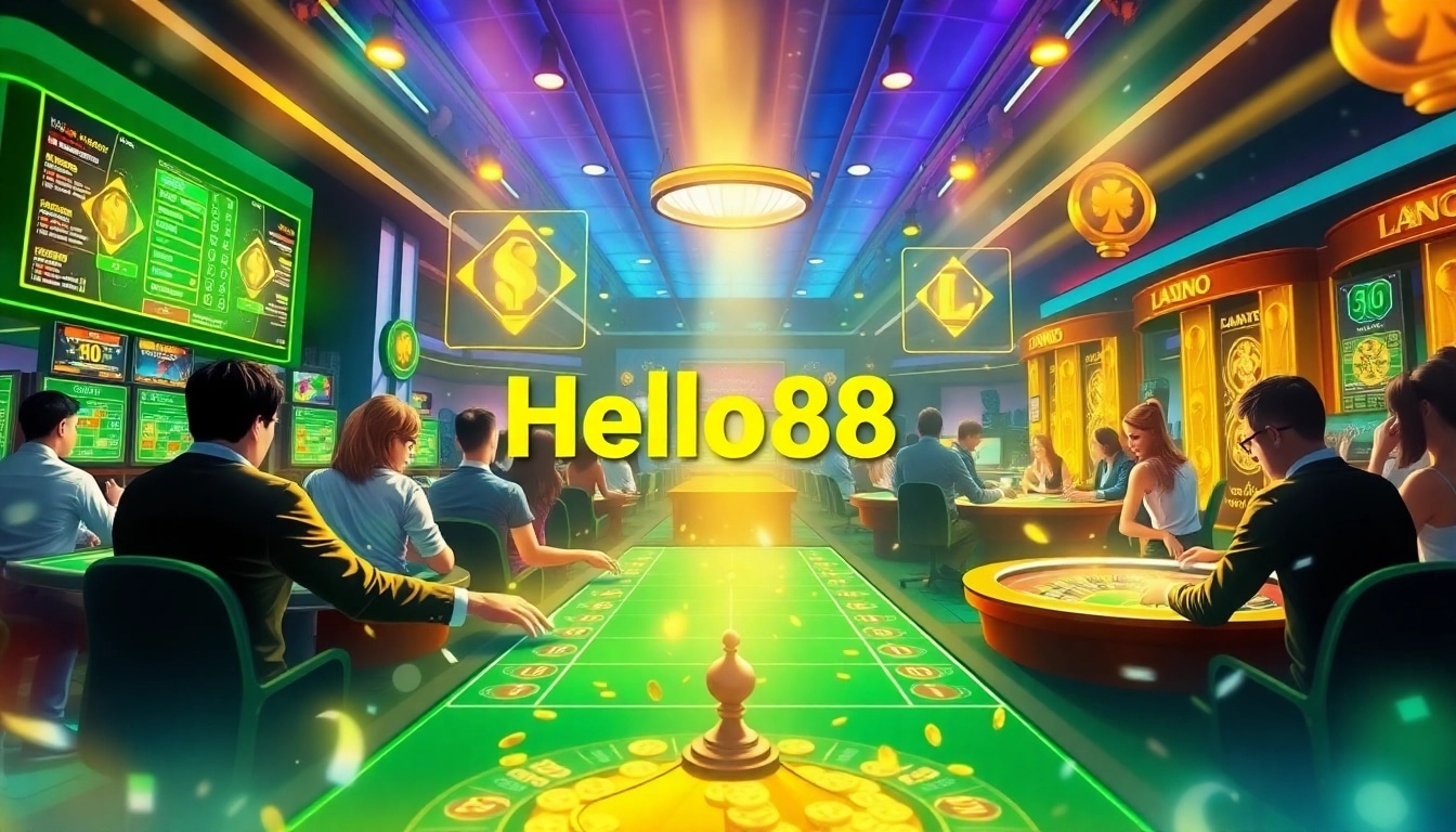 Hello88 online gaming platform featuring excited players engaging in poker and roulette.