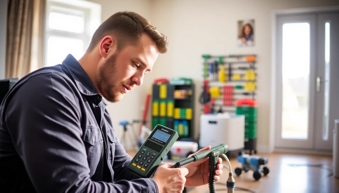 Ensure effective leak detection Cornwall with a technician using advanced tools in a bright setting.