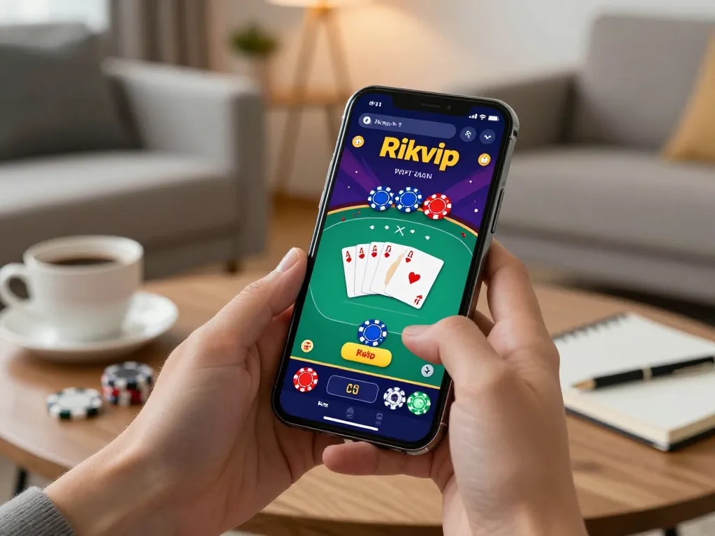 Engaging gameplay on Rikvip poker app displayed on smartphone in a cozy setting.