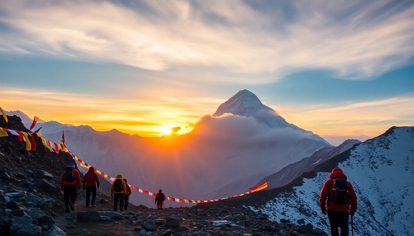 Adventure seekers on the Everest Base Camp Trek with stunning Himalayan backdrop at sunrise.