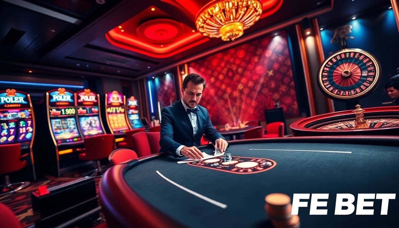 Experience the excitement of FE BET at a luxurious casino with players and vibrant slot machines.