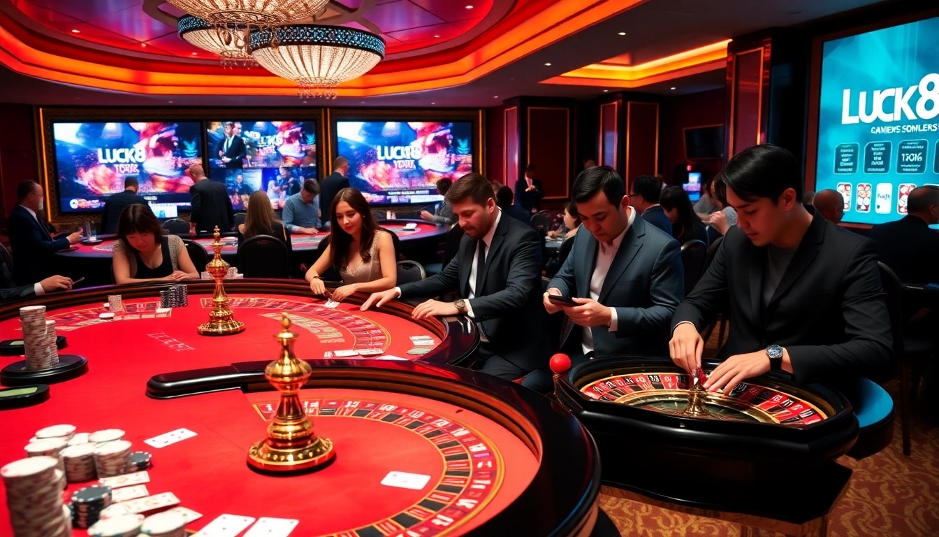 Exciting gameplay at Luck8 casino featuring poker chips and roulette wheels