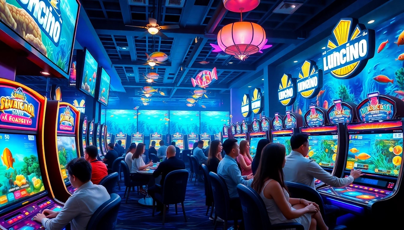 Bắn Cá FB88 game in an exhilarating casino environment featuring colorful underwater graphics and engaged players.