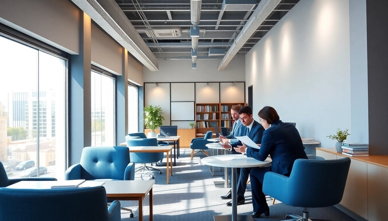 Professional office scene showcasing a US immigration law firm with diverse lawyers advising clients.