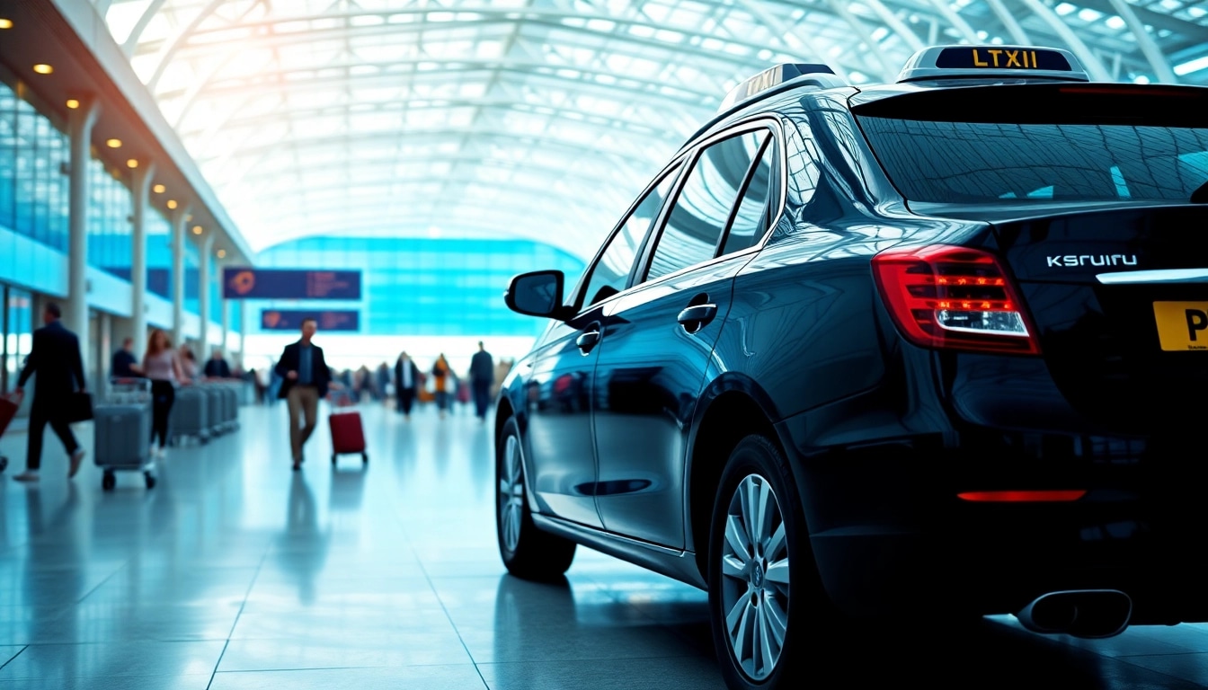 Efficient taxi service at Heathrow airport with a sleek black cab and busy terminal.