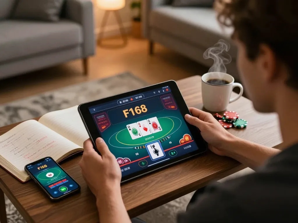 F168 online player analyzing poker strategies on tablet at home setting.