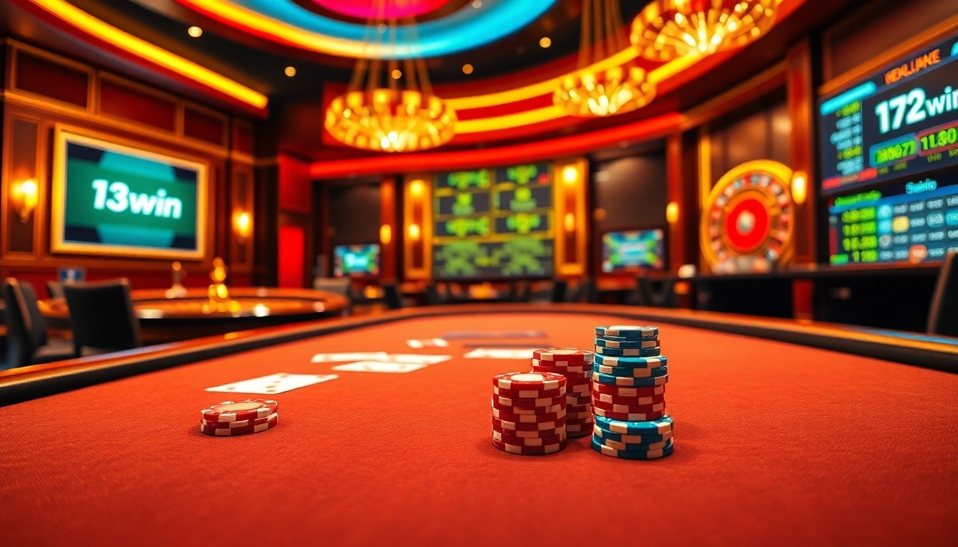 Experience thrilling gaming excitement with a 13win poker table and vibrant casino elements.