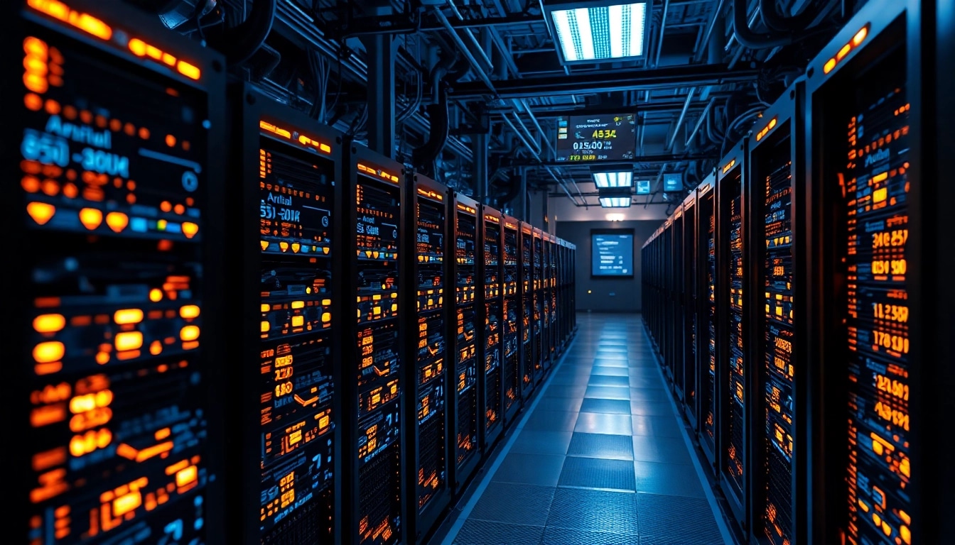 Bitcoin mining facility featuring advanced ASIC miners and digital displays.