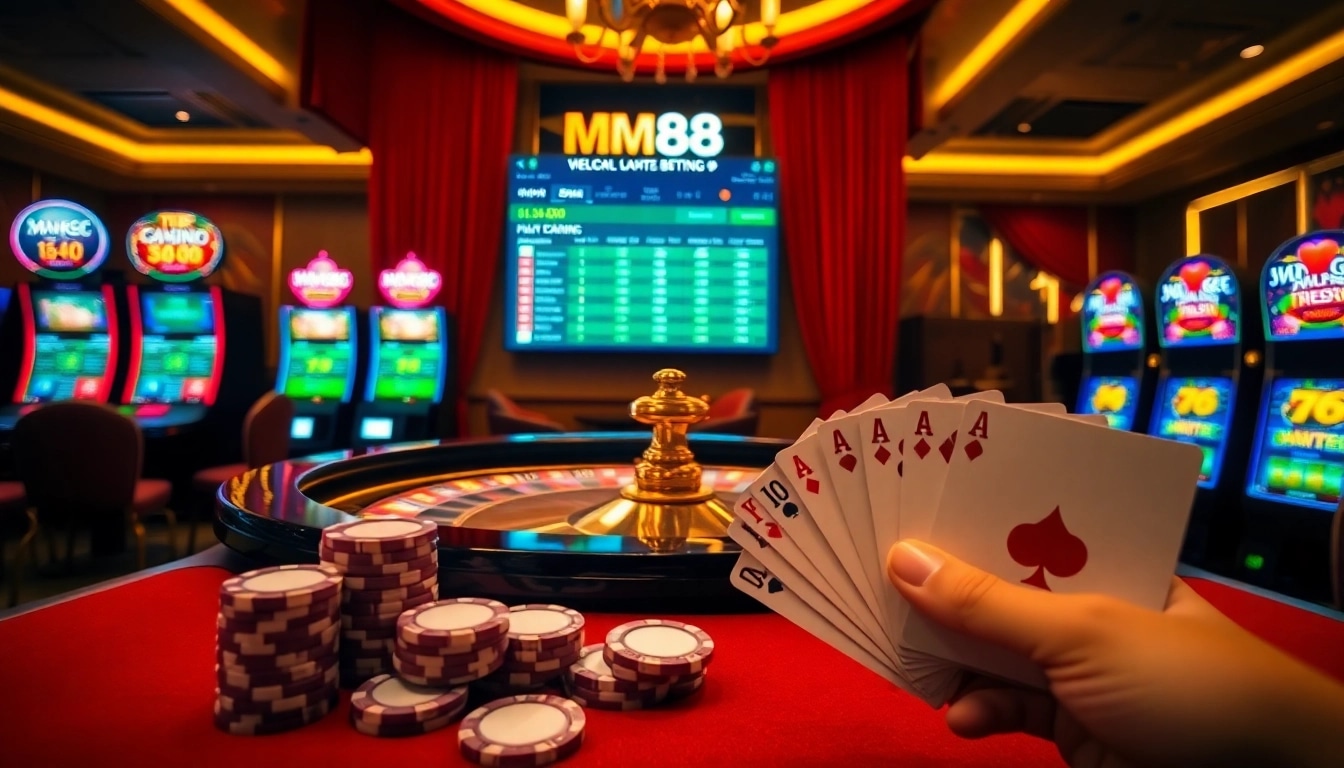 Engaging casino scene highlighting the MM88 global betting interface with vibrant roulette and poker elements.