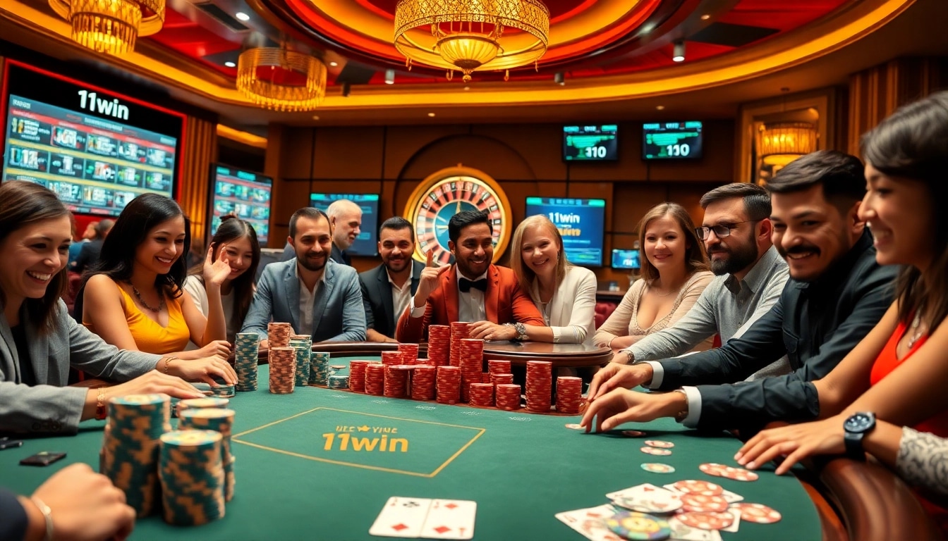 Experience thrilling gameplay with 11win at a lively poker table in a vibrant casino scene.