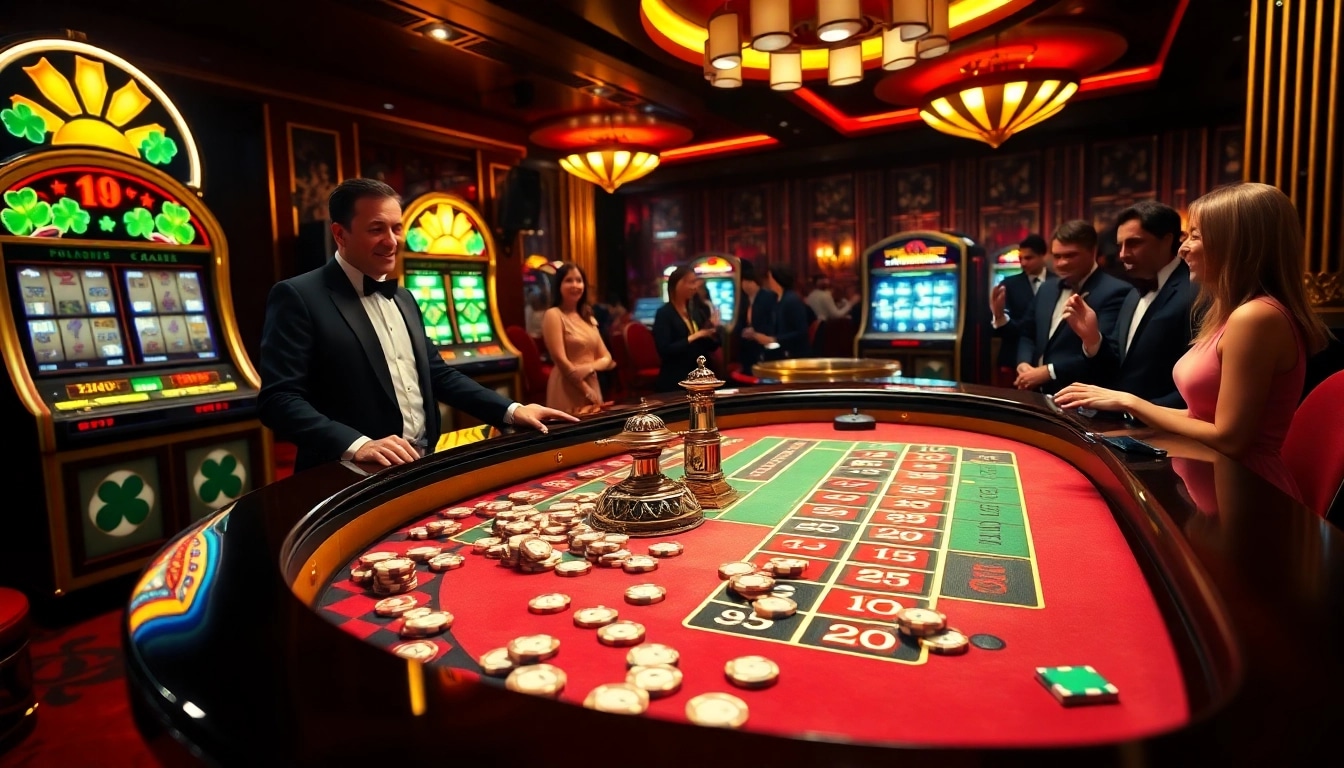 Experience the thrill of F168 with players enjoying poker and slot machines in a vibrant casino setting.