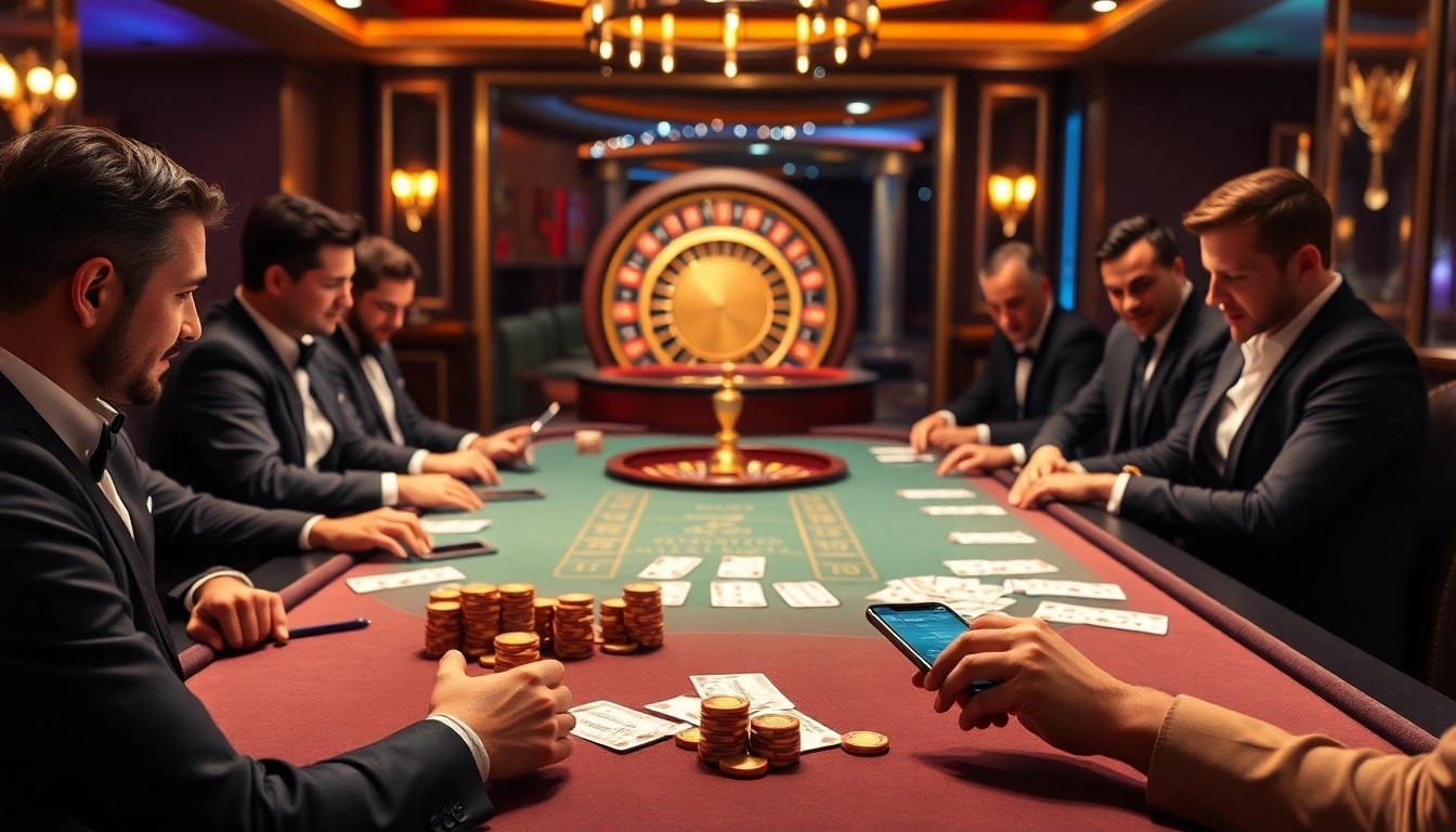 Players engage in a high-stakes poker game at a vibrant casino, showcasing debet betting strategy and luxury.