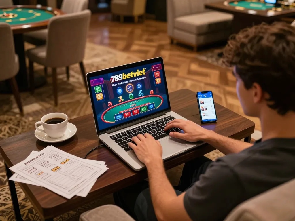 Engaged player enjoying a live dealer game on 789betviet, surrounded by strategy notes.