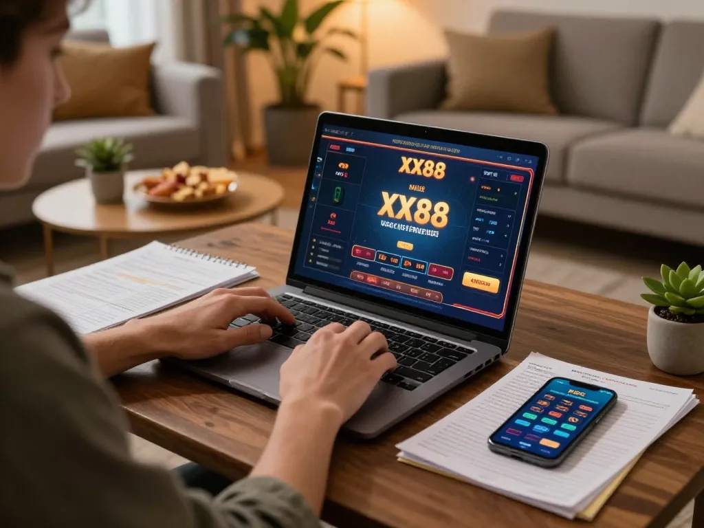 Engaging in strategic gameplay at XX88 online baccarat, with detailed notes and a cozy setup.