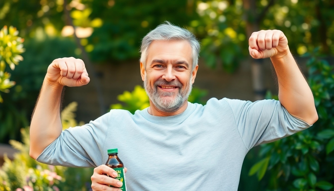 Puraboost enhances vitality and confidence, depicted by a happy man outdoors holding the supplement.