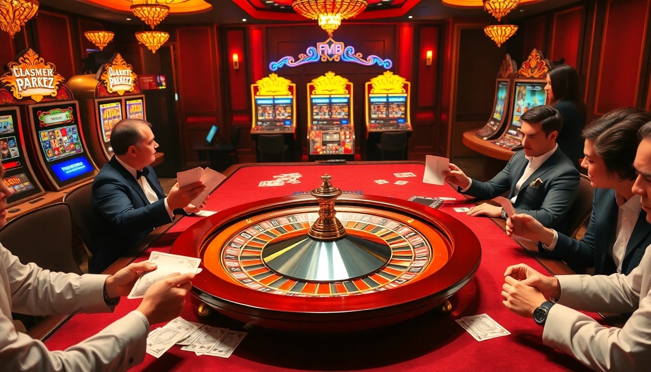 Players strategizing their bets in a luxurious casino scene with 5MB digital devices.