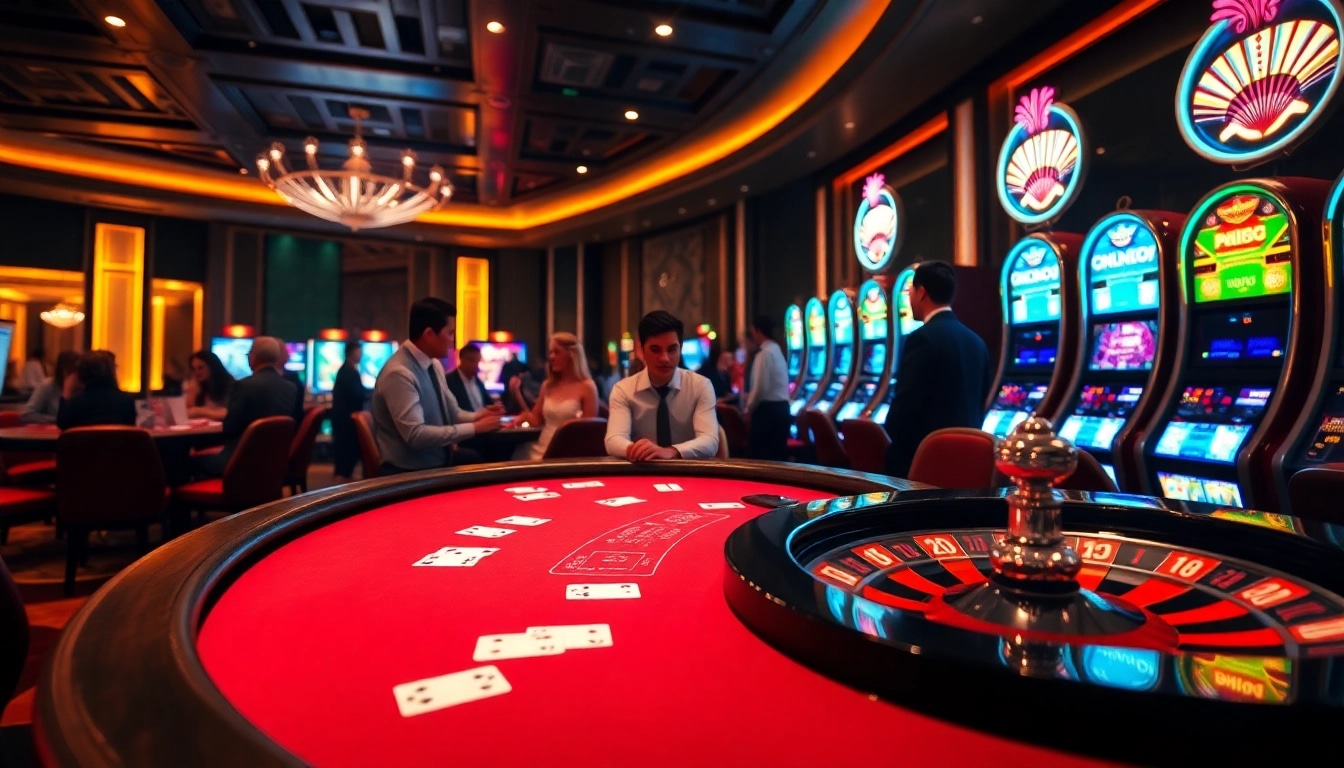 Players enjoying table games and slot machines at 88vv casino, showcasing excitement and professionalism.