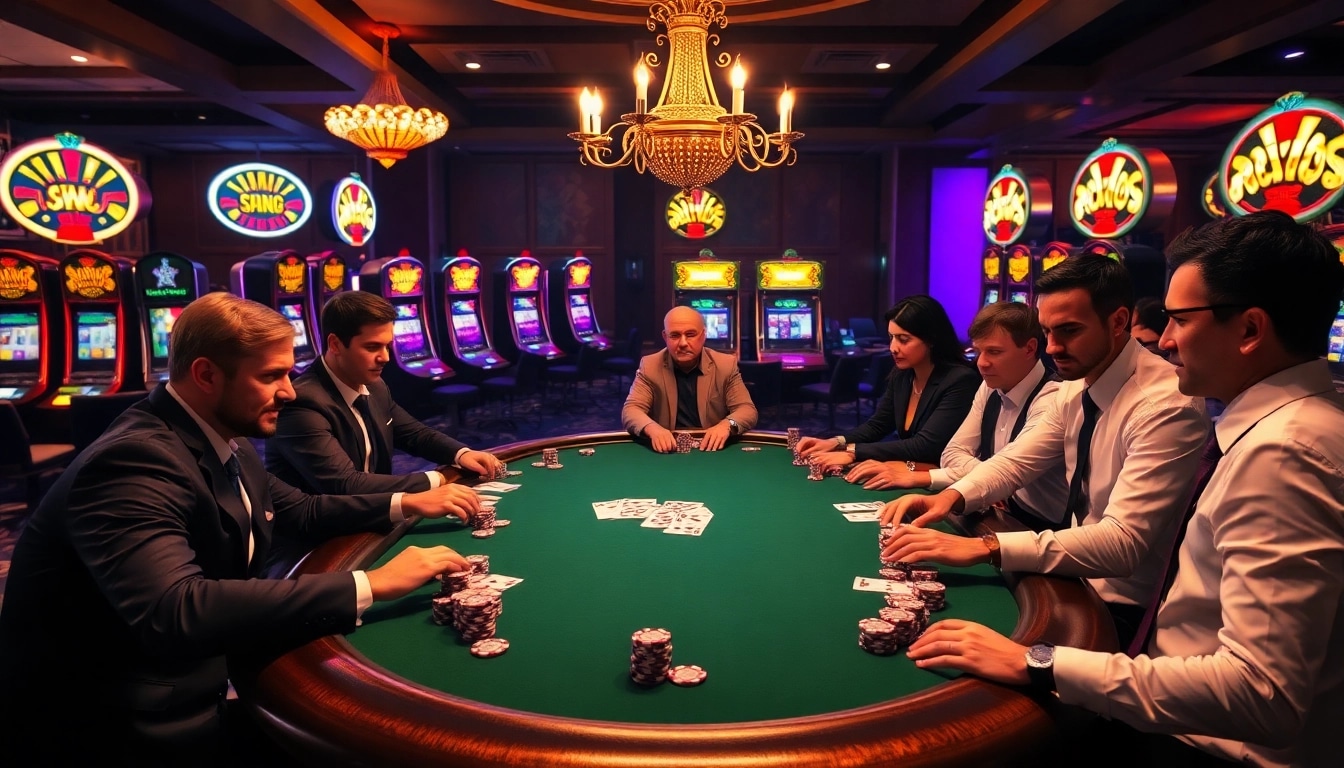 KJC luxury casino scene showcasing high-stakes poker game and vibrant slot machines.