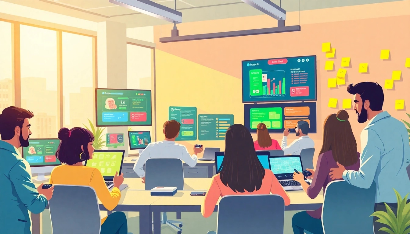 Engaged employees collaborating in a gamification company environment filled with colorful screens and game mechanics.