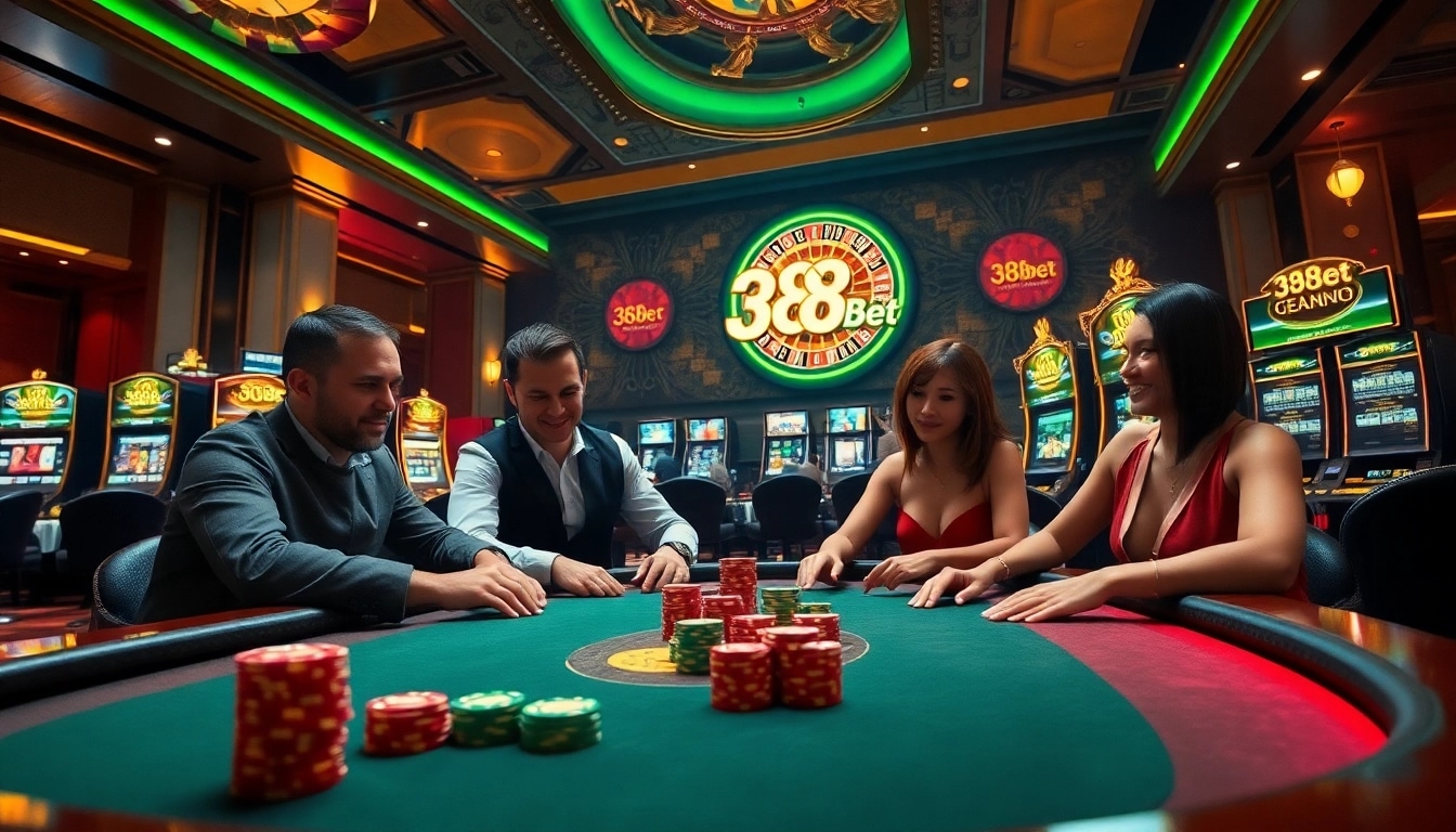 A lively casino scene showcasing intense poker players and vibrant elements of 388bet, highlighting excitement and luxury.