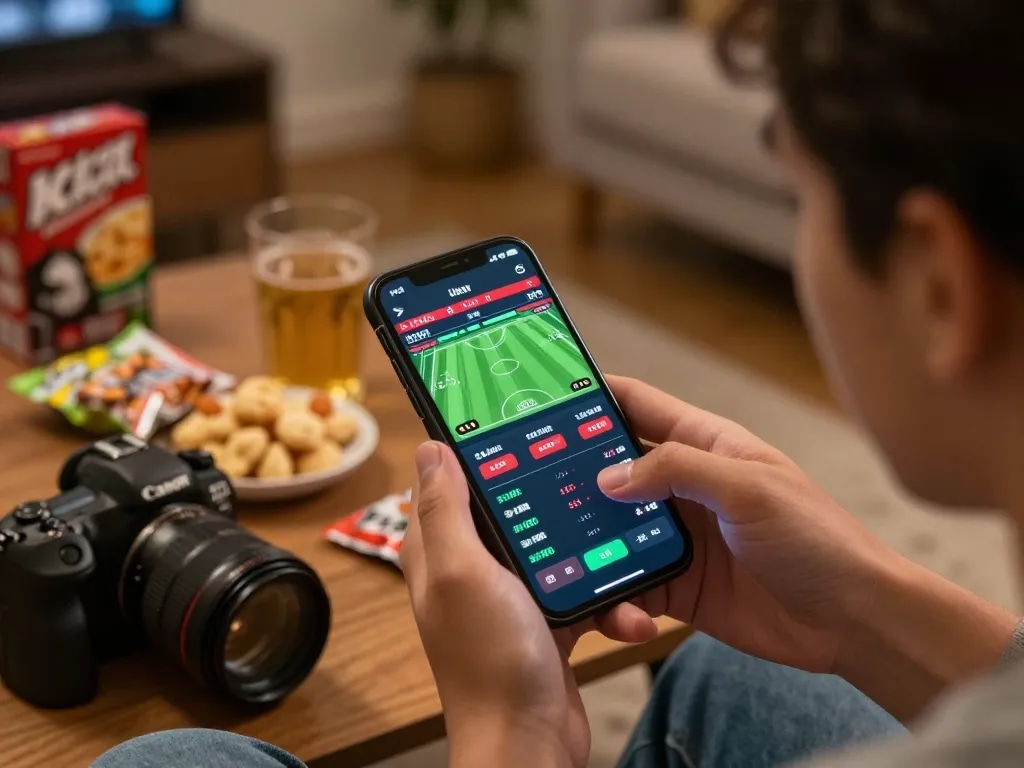 Bongdalu user checking real-time sports betting odds on smartphone while enjoying a home setup.