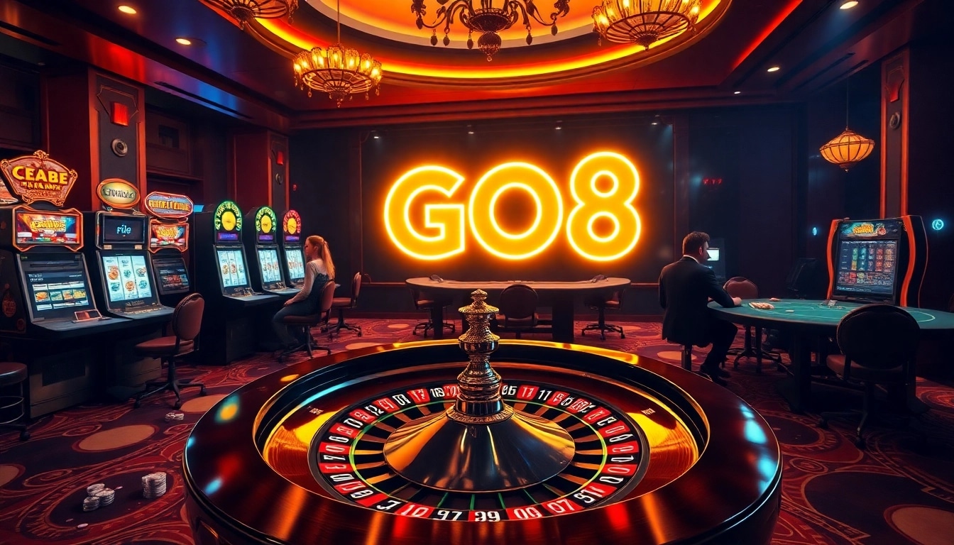 Gamblers enjoying high-stakes excitement at GO8-themed casino tables filled with chips.