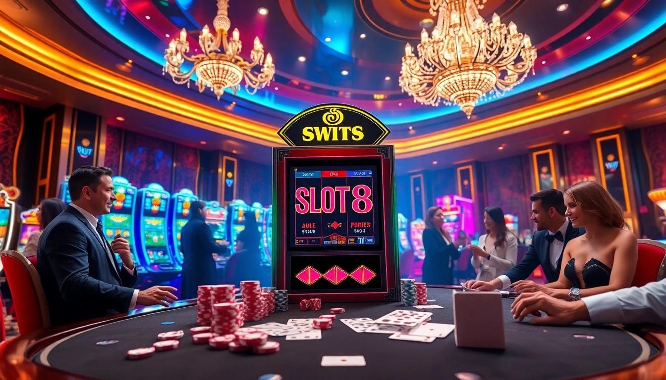 SLOTS8 slot machine amidst colorful poker chips and illuminated casino ambiance.