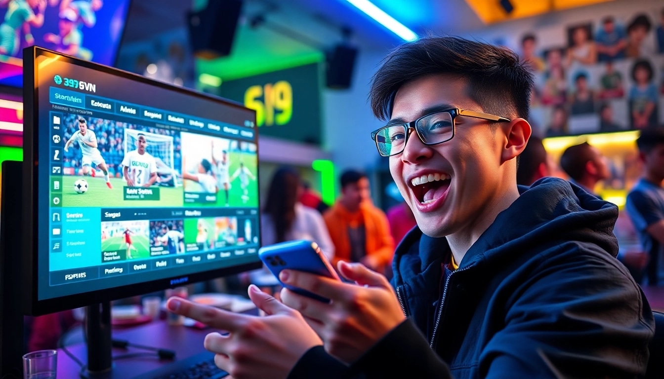 A vibrant sports betting scene on 69VN with digital screens and enthusiastic gamers.