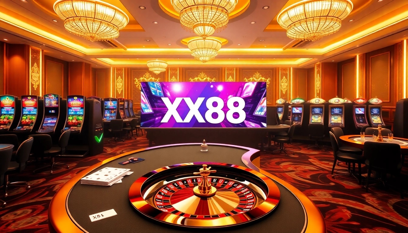 Experience the thrill of winning with XX88 at a vibrant casino featuring tables, slot machines, and online gaming.