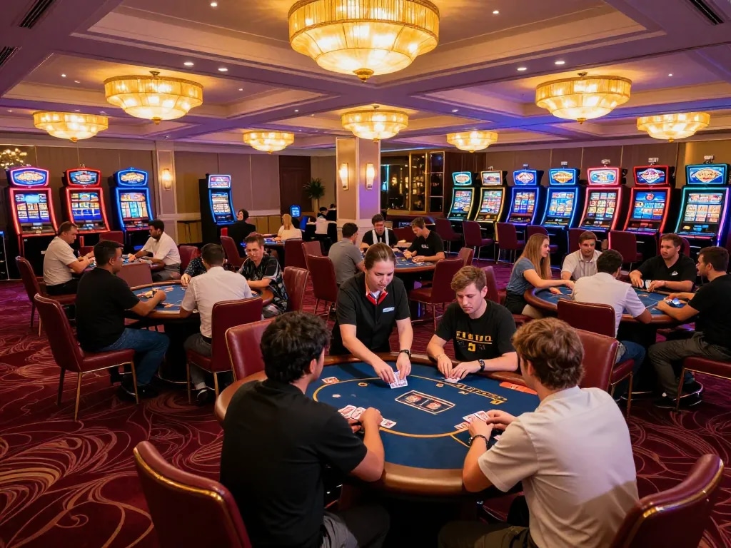 Gaming action at the rr88 center casino, with players competing at poker tables in a vibrant atmosphere