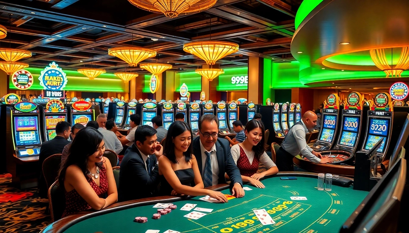 Engaged players enjoying 999bet casino games with vibrant tables and slot machines.