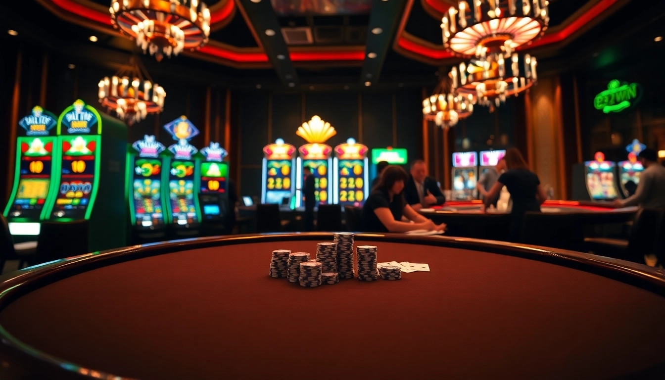 Experience thrilling gambling at 32win with vibrant casino tables, cards, and chips.
