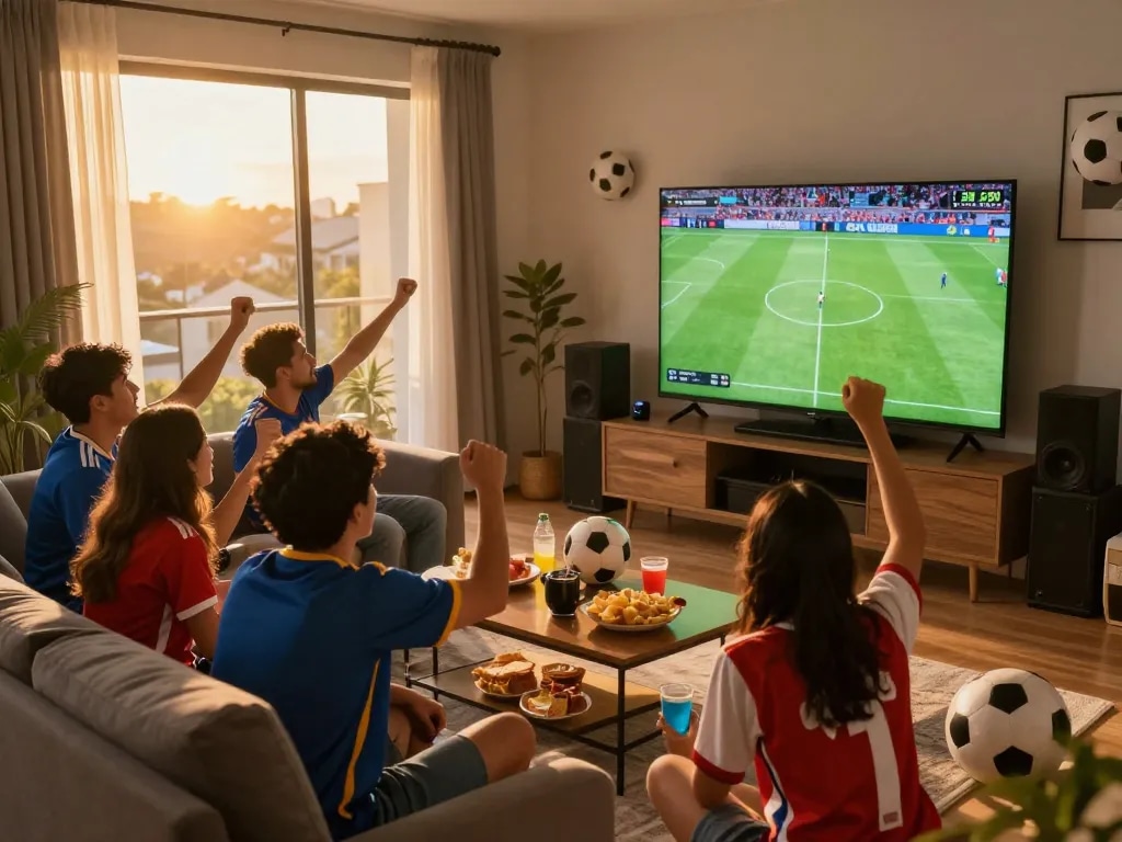 Friends celebrating while watching Cakhia soccer match in cozy living room.