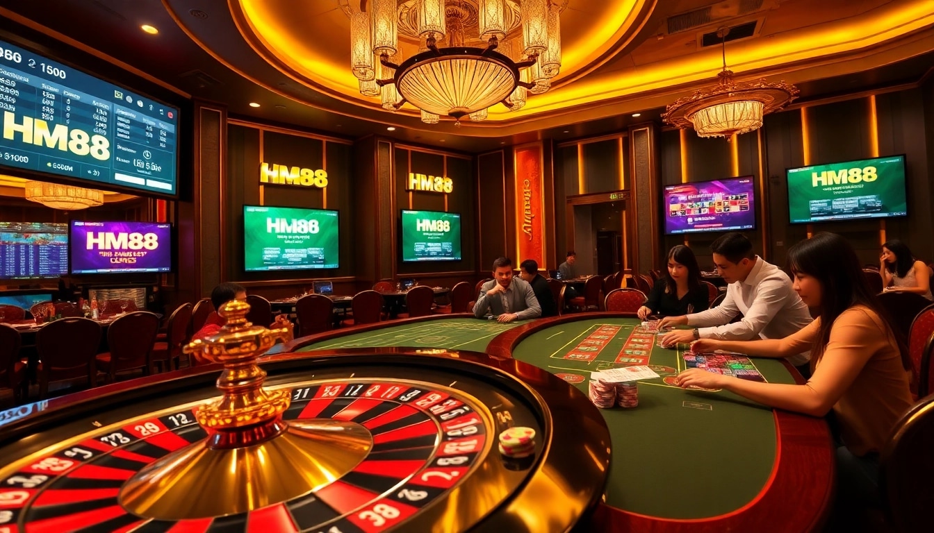 Experience the excitement of HM88 with casino tables and vibrant betting scenes.