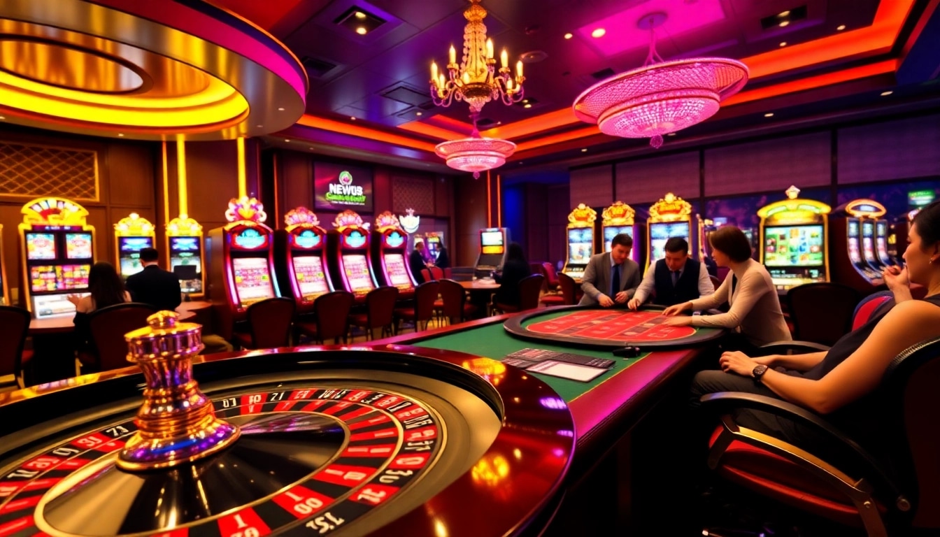 New88bet players enjoying an engaging game at a luxurious casino, featuring roulette and poker tables.