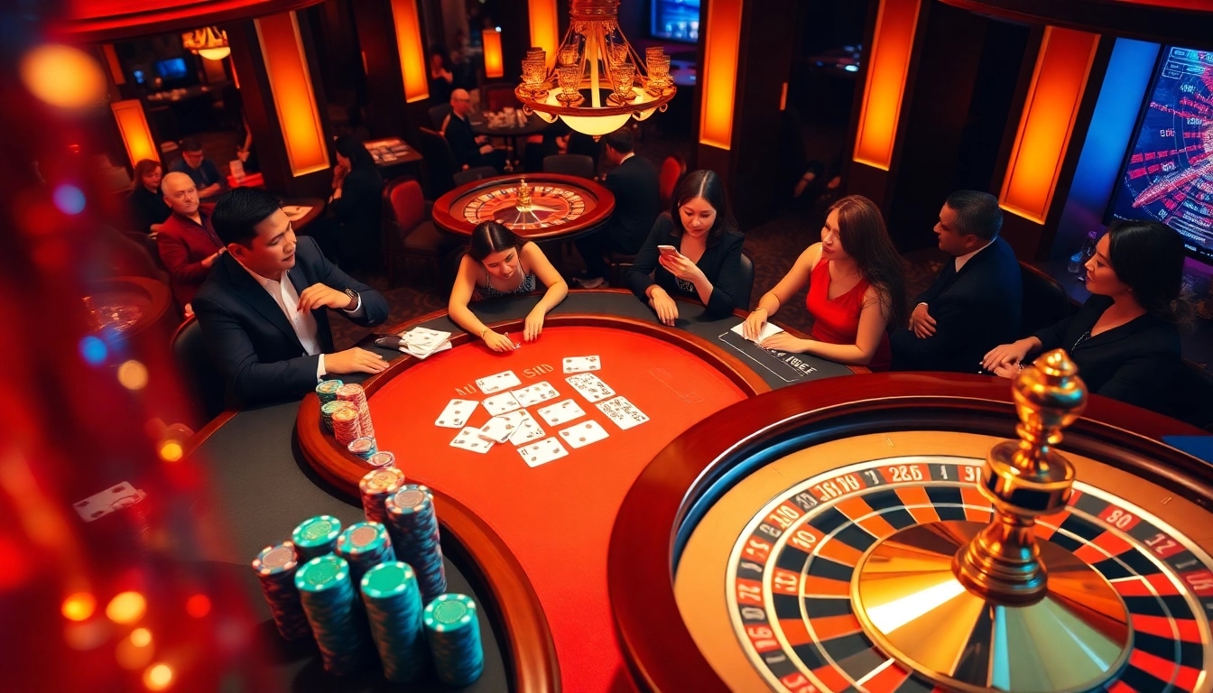 Experience the thrill of j88 casino with vibrant poker tables and excited players ready to win.
