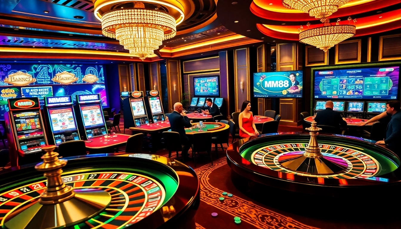 Experience the thrill of gambling at MM88: vibrant casino atmosphere with poker and roulette.
