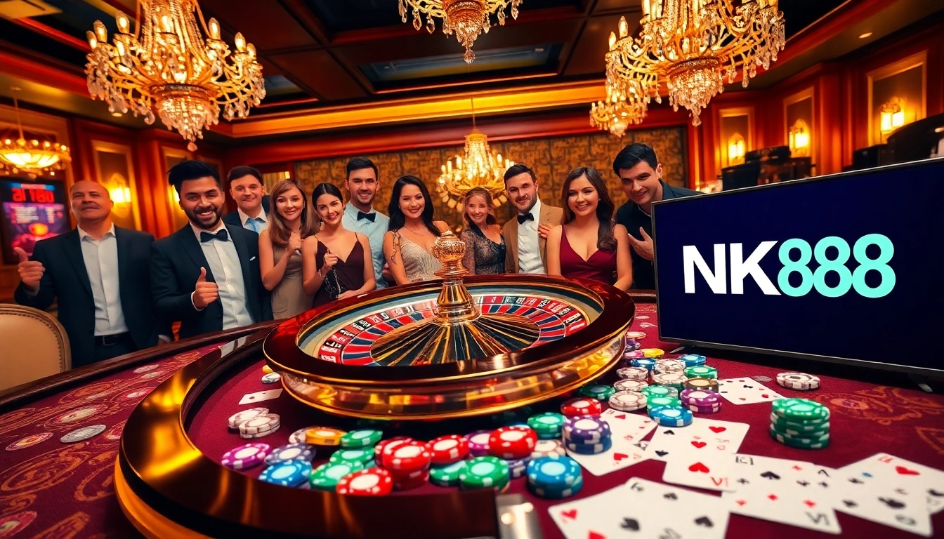 Exciting casino scene featuring NK88 logo, poker chips, and a spinning roulette wheel.