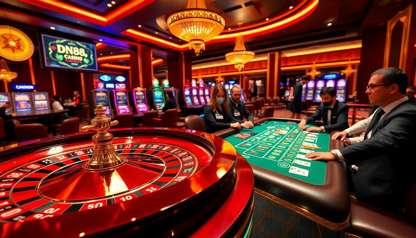 Experience the excitement of DN88 with players at a luxurious casino table, showcasing vibrant gameplay and professional dealers.