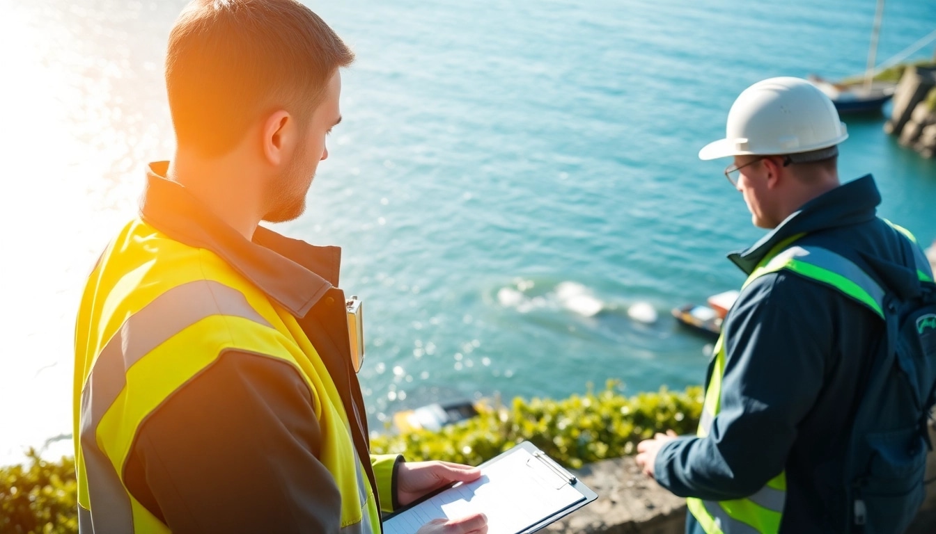 Expert conducting leak detection Cornwall using advanced technology in a serene coastal setting.