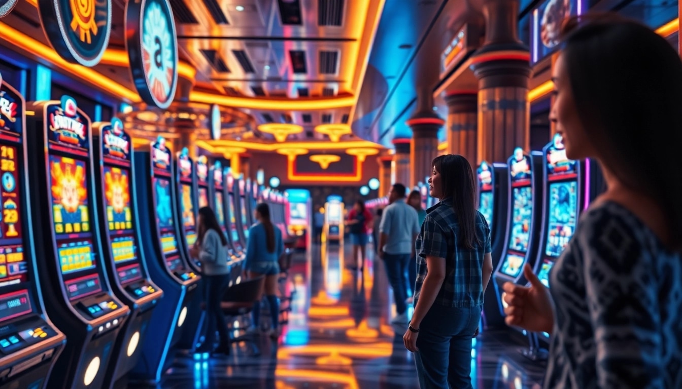 "Experience New Technology in action on a futuristic casino floor with interactive gaming devices."