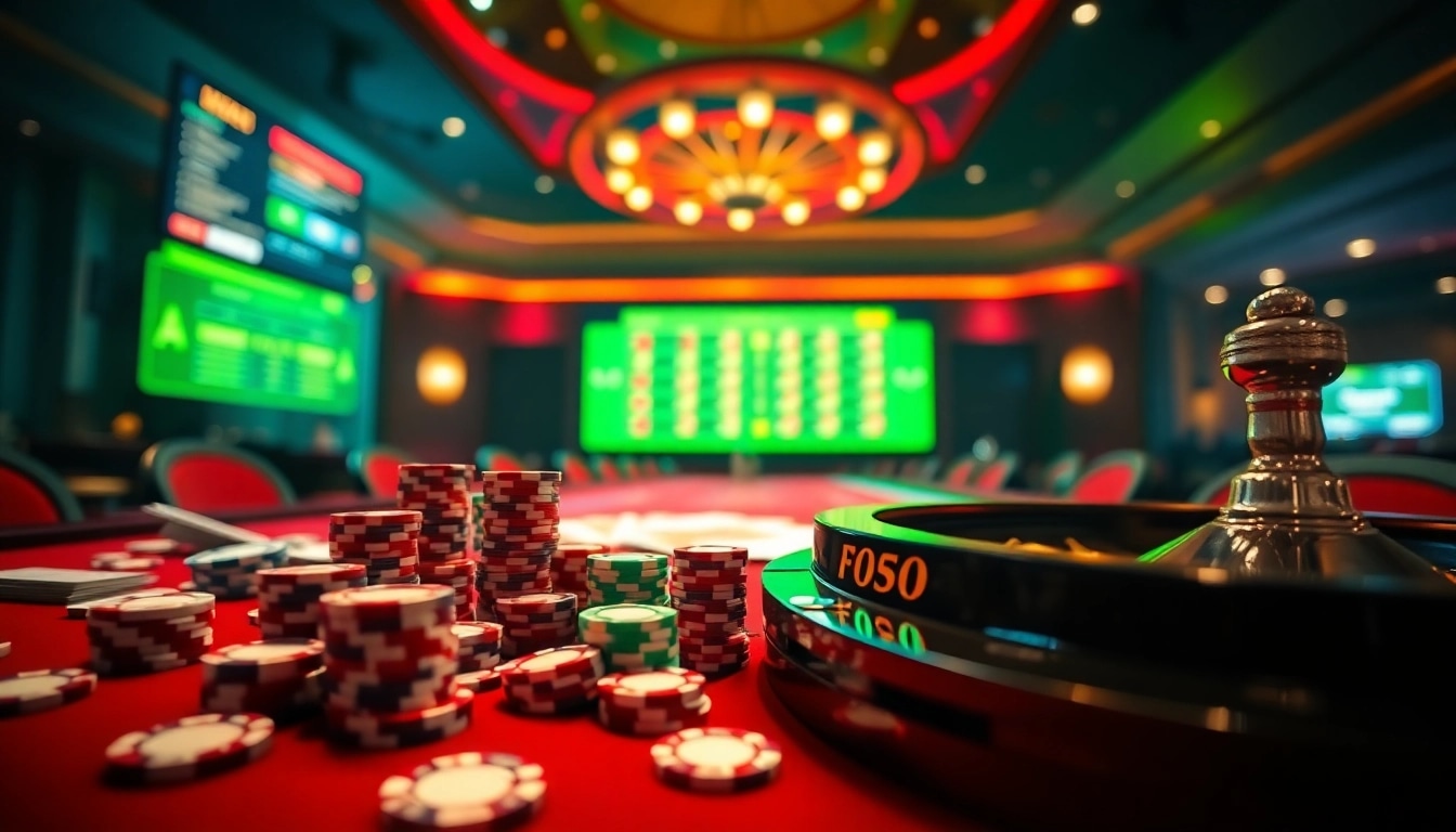 Engage with kèo nhà cái excitement at a poker table surrounded by dynamic casino elements.