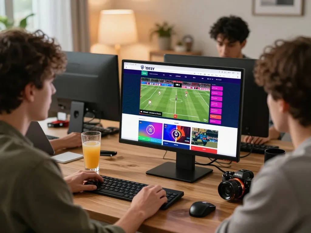 Engaged bettors using web cá độ bóng đá platform, excitement and modern technology in a cozy home.