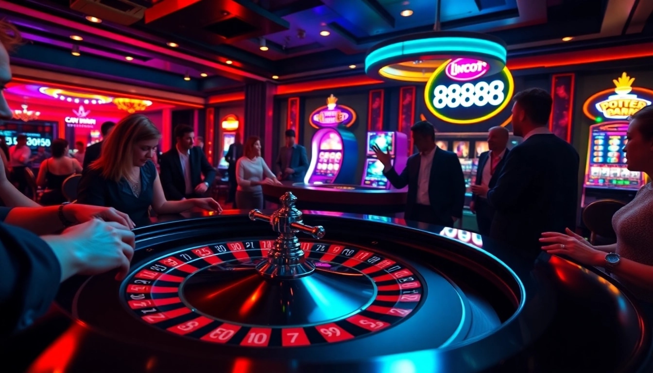 Exciting players engaging at a roulette table in a vibrant casino setting showcasing 888b.
